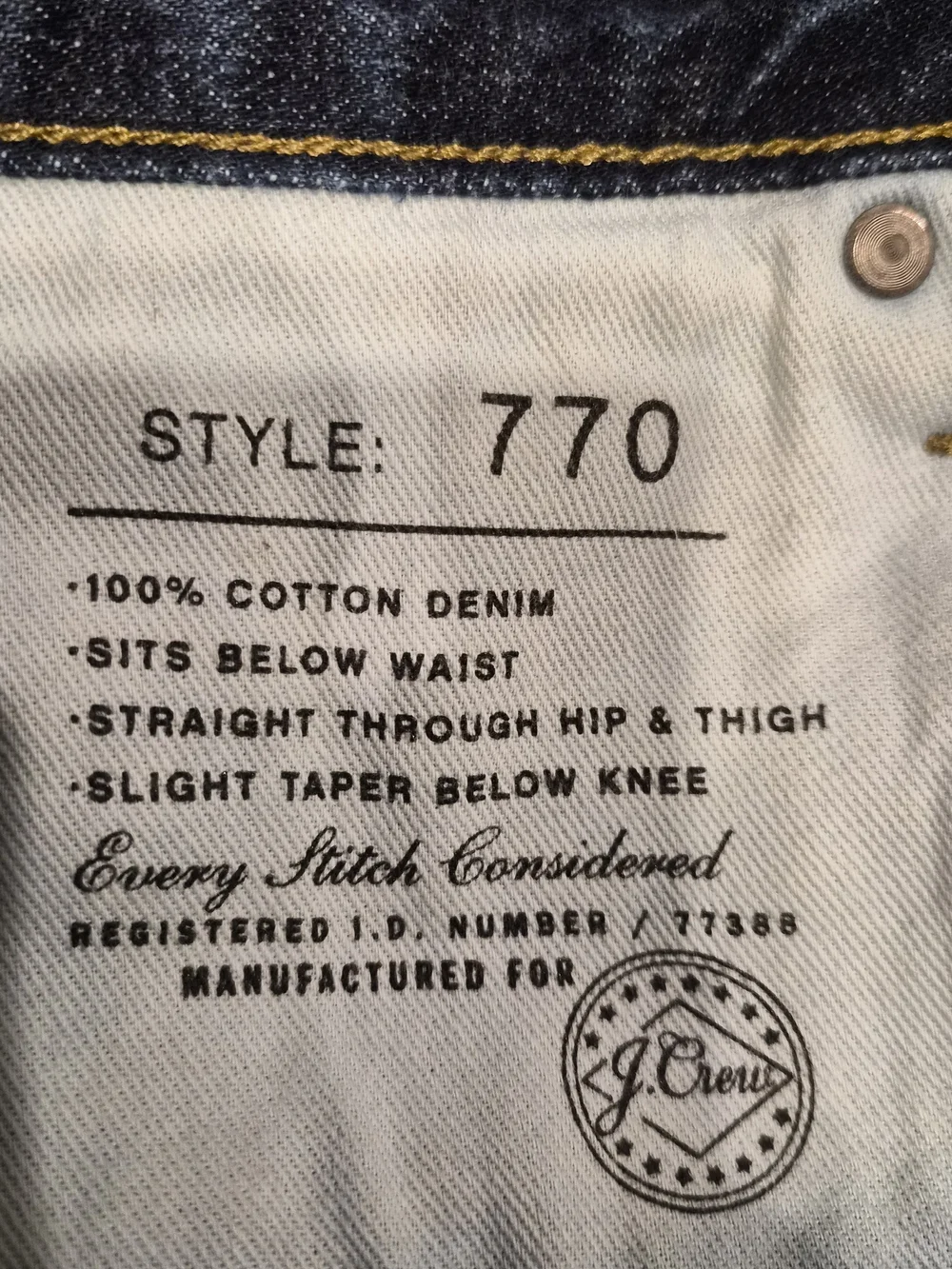 J Crew 770 Men's Dark Indigo Rigid Cotton Straight Taper Denim Jeans Size 34x34